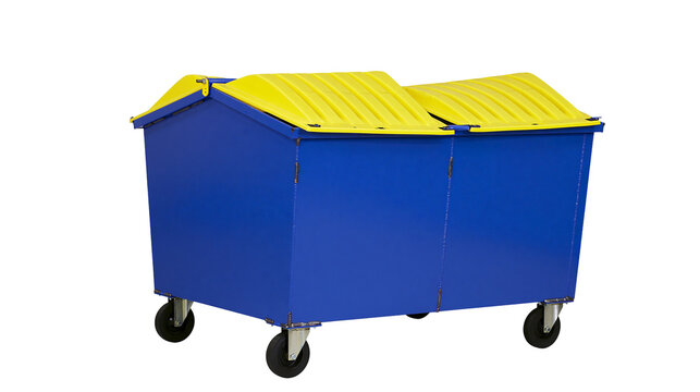 Large blue dumpster with yellow hinged lids and wheels