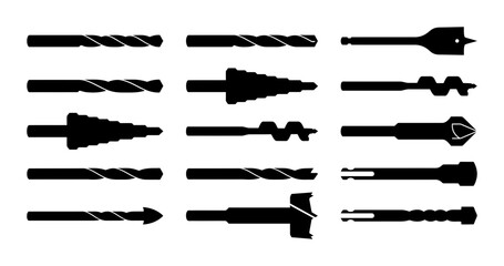 Fototapeta premium Drill Bits Silhouette Vector Set Featuring Various Types of Hole Boring Tool Icons