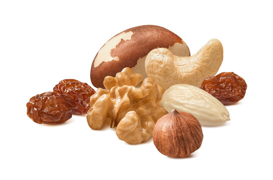 Brazil nuts, cashew, walnut, hazelnut, almond and raisins isolated on white background