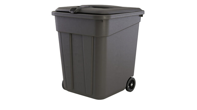 Dark gray plastic wheeled trash can with lid
