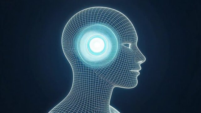 Side profile of wireframe mesh head silhouette with a glowing central brain core in cyan neon.