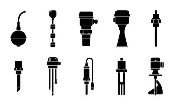 Industrial Sensor Silhouette Set Featuring Liquid Level Measurement And Automation Devices