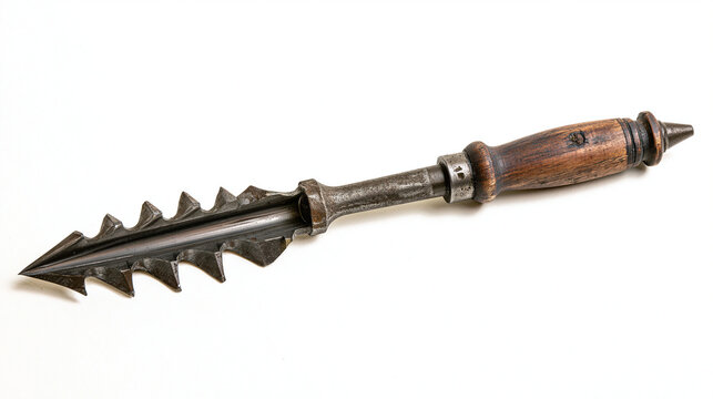 Antique serrated metal whaling harpoon spearhead isolated on white background. Weapon artifact for history or museum.