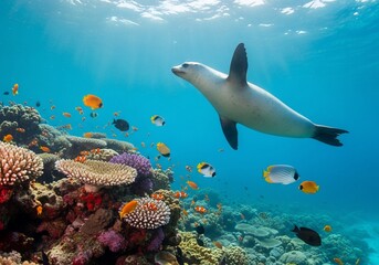 Fototapeta premium Oceanic Ballet: Sun-Drenched Depths, Coral Garden Dance