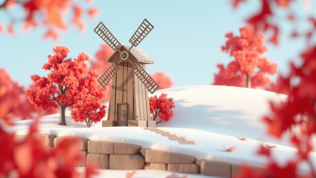 Winter scene depicts rustic windmill amidst snow covered hills. Red trees frame composition, creating serene atmosphere.