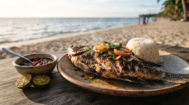 Freshly grilled whole fish topped with tomato, onion and herbs, served with steamed rice, citrus and spicy dipping sauce on a rustic table overlooking a tropical beach.