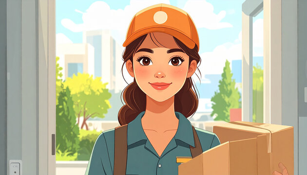 Delivery woman holding cardboard box smiling at doorway