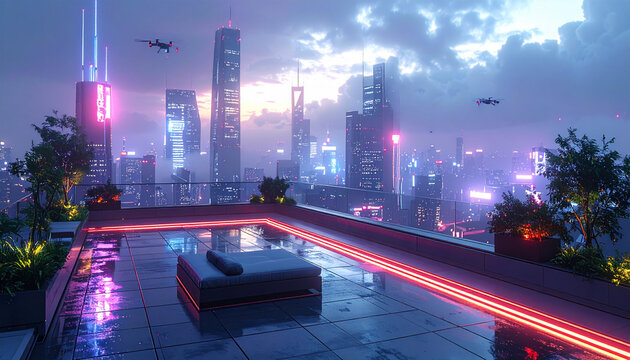 Rooftop lounge with neon lights and city skyline at dusk