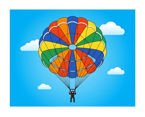 Fototapeta premium Vibrant Colorful Parachute Gliding High Above Against a Bright Blue Sky with Fluffy White Clouds