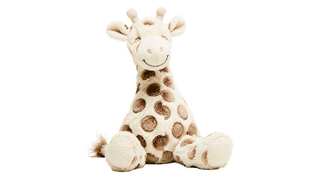 Plush giraffe toy with brown spots sitting down