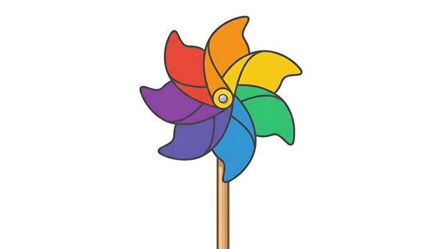 Vibrant Rainbow Pinwheel Spinning in a Gentle Breeze on a White Background