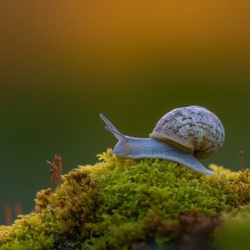 A close-up of a snail resting on lush green moss with a soft, blurred background, This serene image is ideal for nature-themed projects, blogs about wildlife, or educational materials,