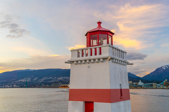 Scenic sunset view of Brockton Point Lighthouse  in Stanley Park, Vancouver