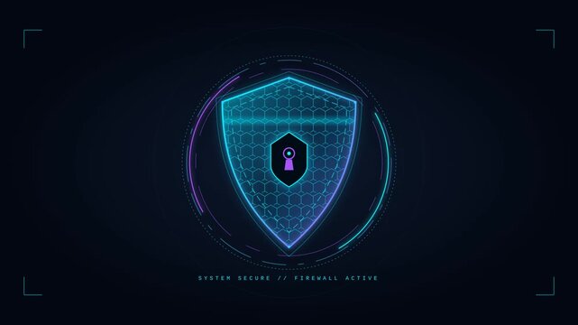 Digital cybersecurity shield with glowing purple padlock