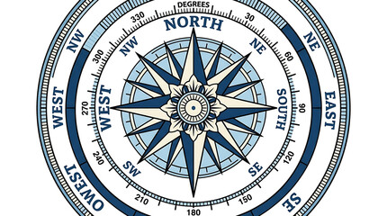 Naklejka premium Vintage Nautical Compass Rose With Cardinal Directions And Degree Markings On White Background Detailed Illustration