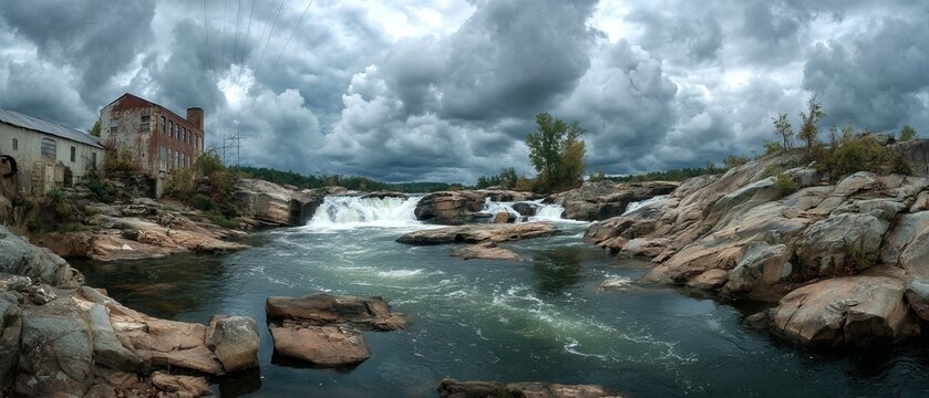 Dramatic Rapids and Stone Structures Under a Cloudy Sky.
