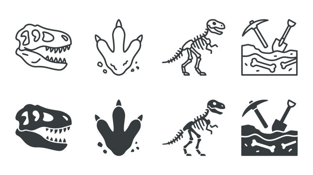 Dinosaur skull and skeleton icons with archaeological excavation tools and fossilized footprints dinosaur skeleton