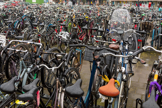 View of a dense collection of bicycles parked in a crowded urban bicycle parking area in the Netherlands.
