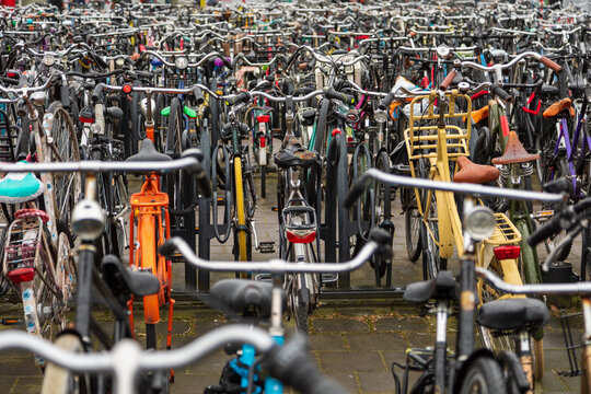 View of a dense collection of bicycles parked in a public rack in the Netherlands.