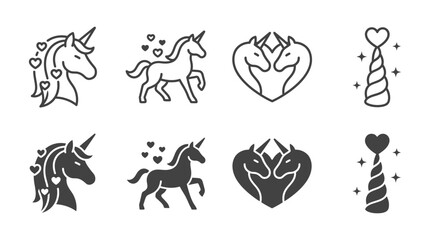 Fototapeta premium Romantic unicorn heart icon collection with hearts and stars romantic mythical legendary collection silhouette
