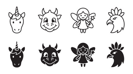 Obraz premium Cute fantasy character icon set with unicorn dragon fairy and eagle mythical creature character silhouette portrait