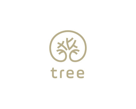 Abstract tree brain logo design. Minimal linear root and neural network emblem. Modern icon for psychology, eco and smart tech brands.
