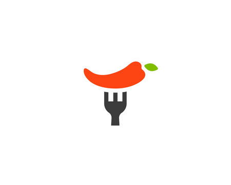 Abstract red chili pepper fork logo design. Hot spicy food or cayenne emblem. Modern icon for catering, mexican restaurant, and culinary brands.