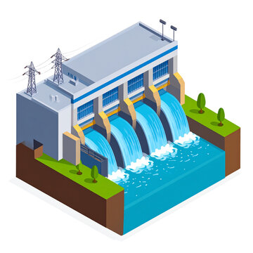 Hydroelectric Power Plant and Dam Infrastructure Surrounded by River Landscape with Industrial Buildings, Bridge, Energy Production Facility, and Scenic Outdoor Environment