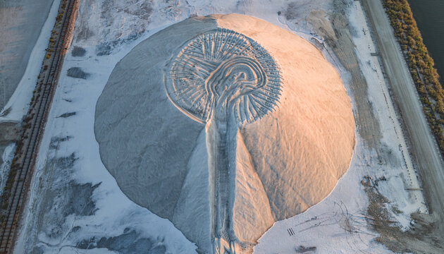 Aerial view of a large circular salt stockpile with concentric machinery tracks creating an abstract geometric pattern at an industrial salt production site in France.