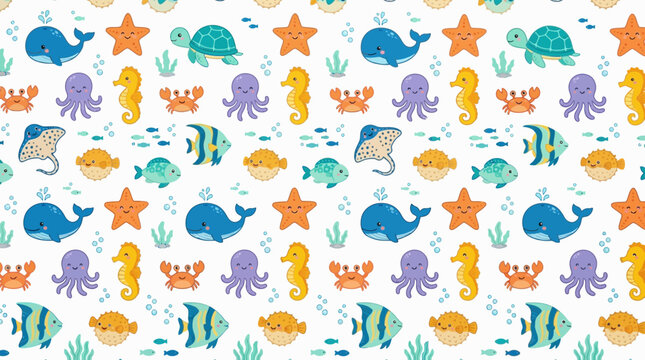 Cute Ocean Animals Seamless Pattern