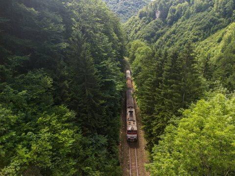 Aerial view of a train traveling through the dense forest of Bystricka dolina in Velka Fatra, Dolny Harmanec, Banskobystricky kraj, Slovakia.