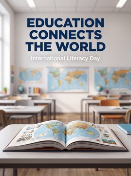Classroom scene with open atlas book showing maps for education with inside bright classroom displays open