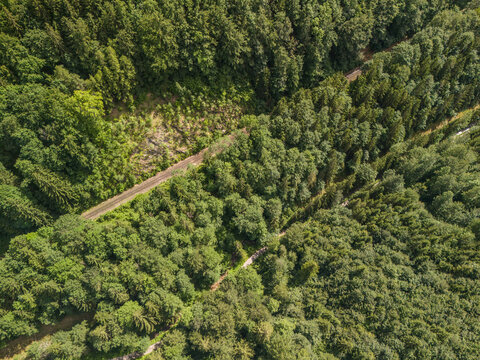 Aerial view of the lush forest of Bystricka dolina in Velka Fatra, featuring a railway track cutting through dense trees and a winding path in Dolny Harmanec, Banskobystricky kraj, Slovakia.