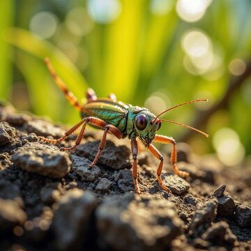 The image shows a detailed close-up of an insect resembling a grasshopper or locust on a rocky surface