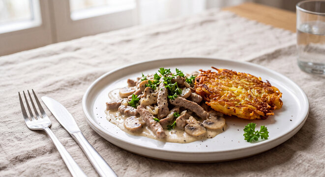 Traditional Swiss Zurcher Geschnetzeltes sliced veal in creamy mushroom sauce with golden potato rosti