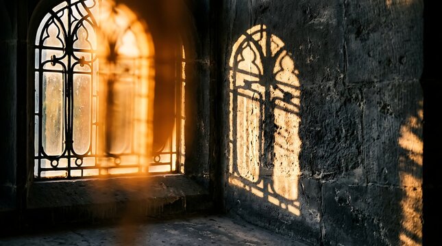 Sunlight streaming through arched gothic windows in an old stone building.