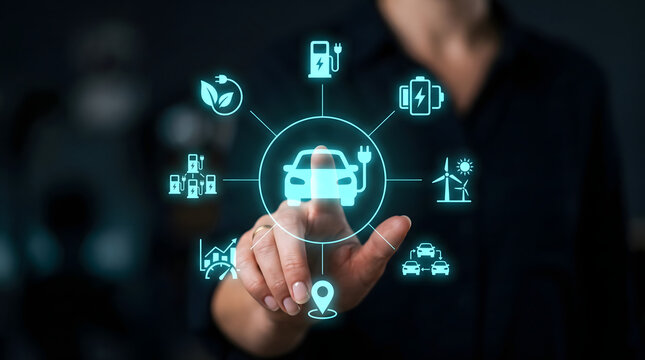 Futuristic holographic electric vehicle ecosystem interface displaying sustainable mobility technology with connected energy solutions