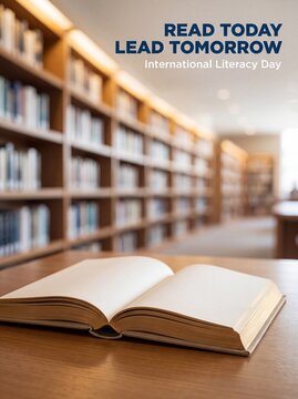 Open book resting upon wooden library table celebrating international literacy day education awareness campaign concept