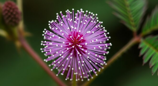 Mimosa pudica flower close up, blooming sensitive plant with purple petals and white tips, exotic tropical flora in garden