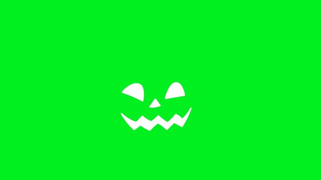 Loop animation of a scary laughing Halloween jack o lantern isolated on green chroma key background, perfect for spooky overlays, horror intros, haunted video effects, festive editing.
