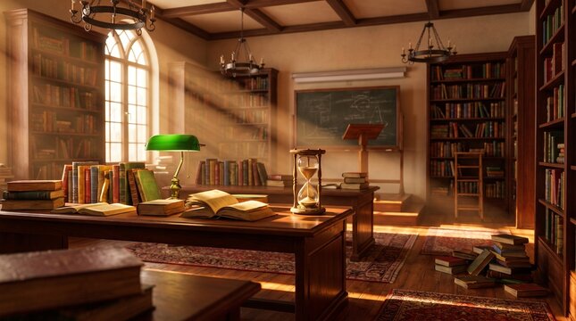Warm sunlight beams through an arched window into a vintage library, illuminating wooden desks, stacked books, an hourglass, and a classic green banker's lamp.