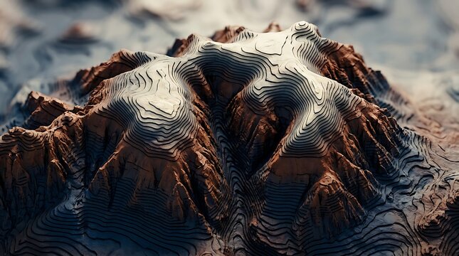Abstract 3D topographic landscape with layered contour lines and metallic texture.
