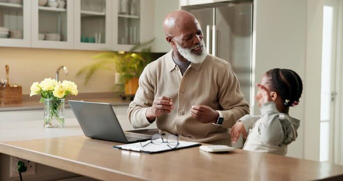 Remote work, distraction or family with laptop, frustrated or childcare issue in retirement. Stress, grandfather or black girl with interruption, household responsibility or WFH challenge in home.