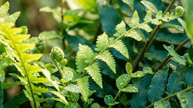 Close up of vibrant green fern fronds and fiddleheads in a lush forest.