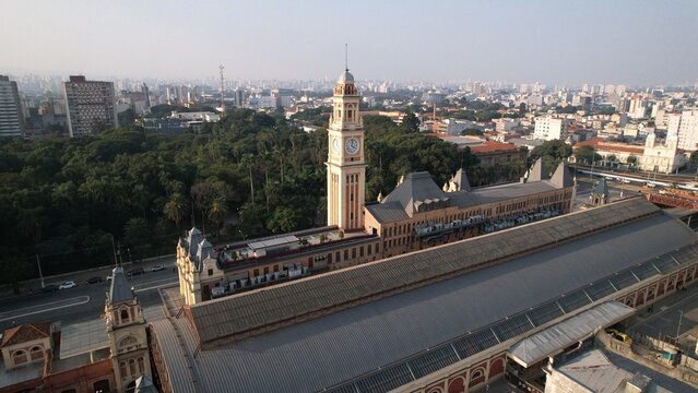 Aerial view of the historic Estacao da Luz railway station with its iconic clock tower, surrounded by urban greenery and the cityscape of Sao Paulo, State of Sao Paulo, Brazil.