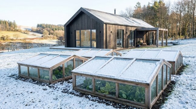 Modern black wooden house with cold frame greenhouses in snowy garden. Concept of self-sufficient living and winter gardening.