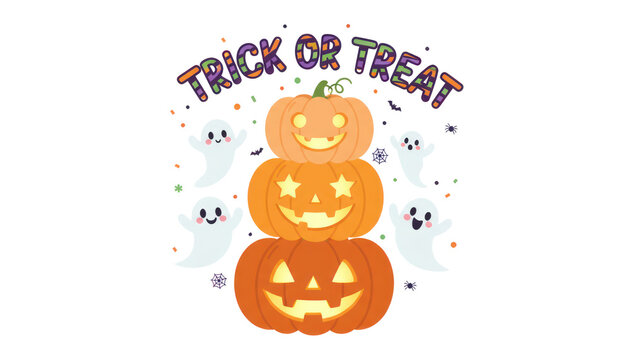 Cute Halloween pumpkin stack illustration, trick or treat lettering, orange jack o lantern cartoon for party invites isolated PNG with Transparent Background