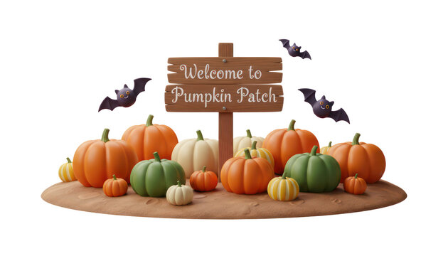 Rustic pumpkin patch sign illustration, autumn harvest pumpkins and gourds, fall holiday decoration concept with bats isolated PNG with Transparent Background