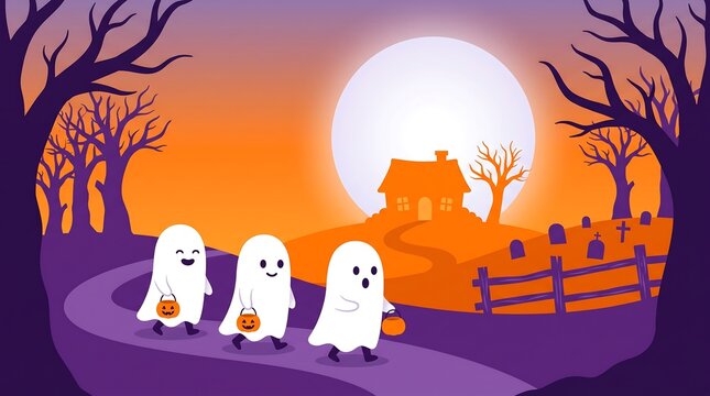 Three cartoon ghosts trick-or-treating under a full moon at night