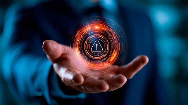 Businessman holding glowing digital warning hazard sign hologram over extended hand for risk management